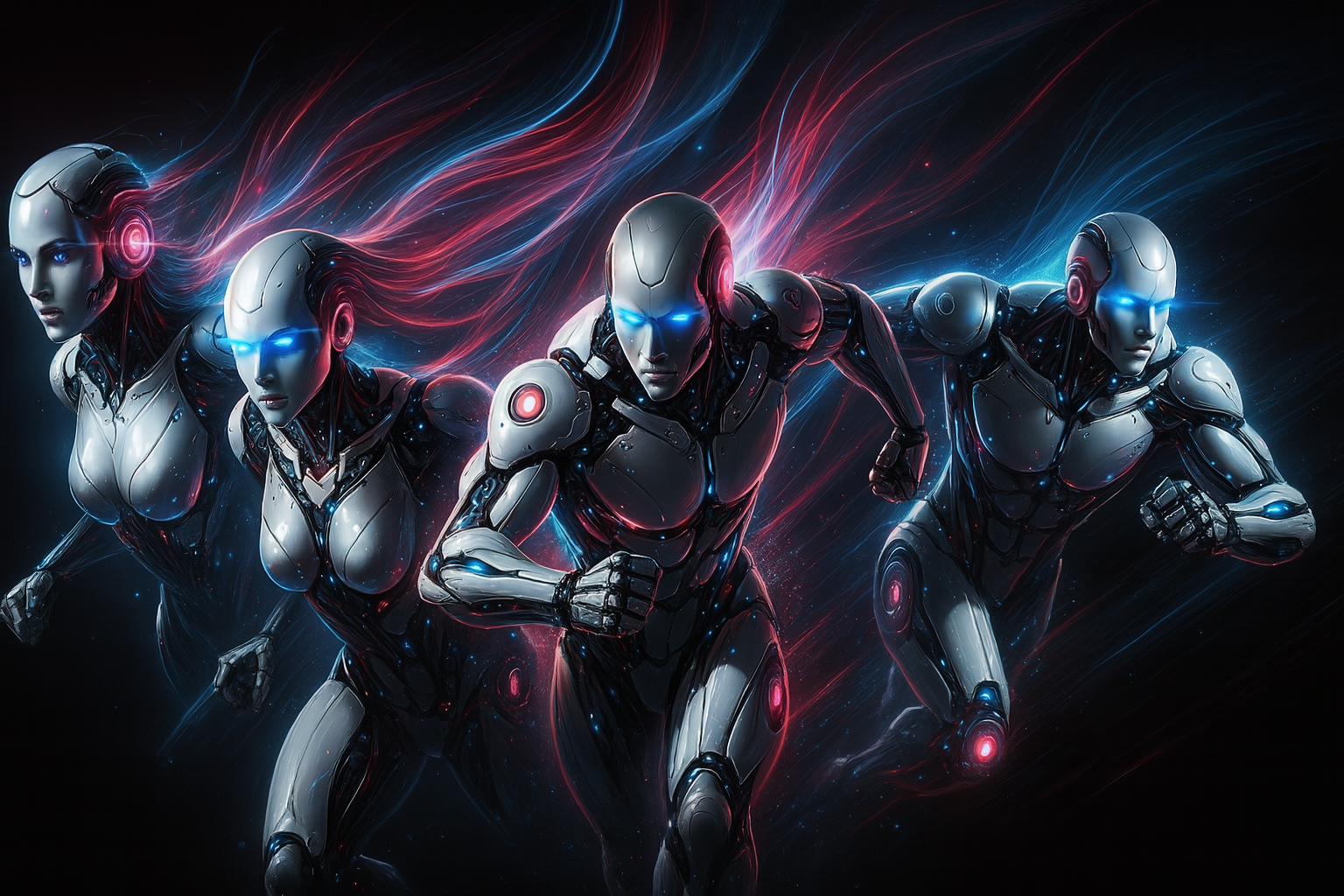 Futuristic AI runners accelerating forward